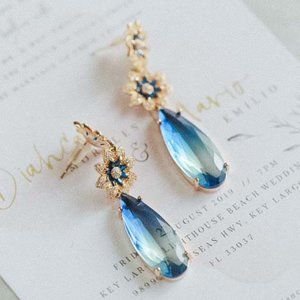 Sapphire Blue Crystal Teardrop Earrings Floral Dangle and Drop Long Earrings Her